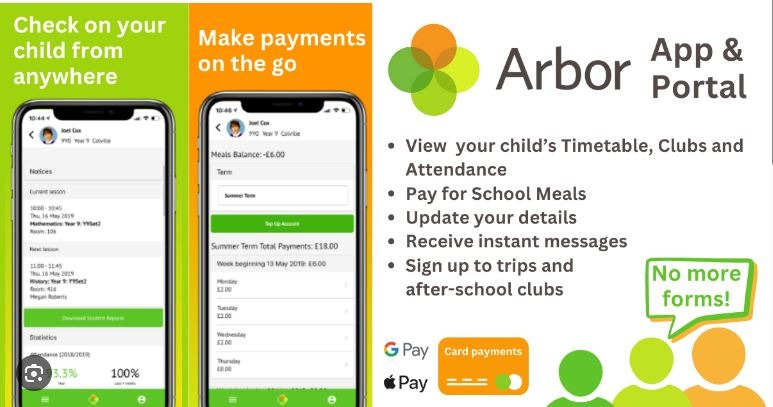 Arbor app and portal: view your child's timetable, clubs and attendance, pay for school meals, update your details, receive messages, and sign up to trips and after-school clubs