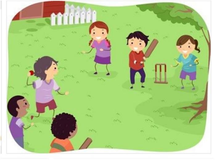 Cartoon of children playing cricket on a lawn