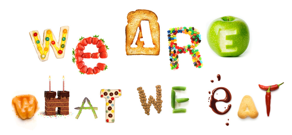 Colourful lettering spelling out 'We Are What We Eat', made from food items